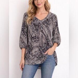 Maurices Women’s Plus 3X Tunic Top 3/4 Sleeve Criss Cross Back Sheer High Low